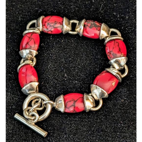 Mexican Red Jasper 925 Sterling Silver Toggle Bracelet - Picture 2 of 11